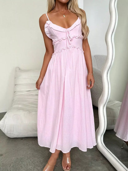 Ruffled Trimmed Spaghetti Strap Midi Dress