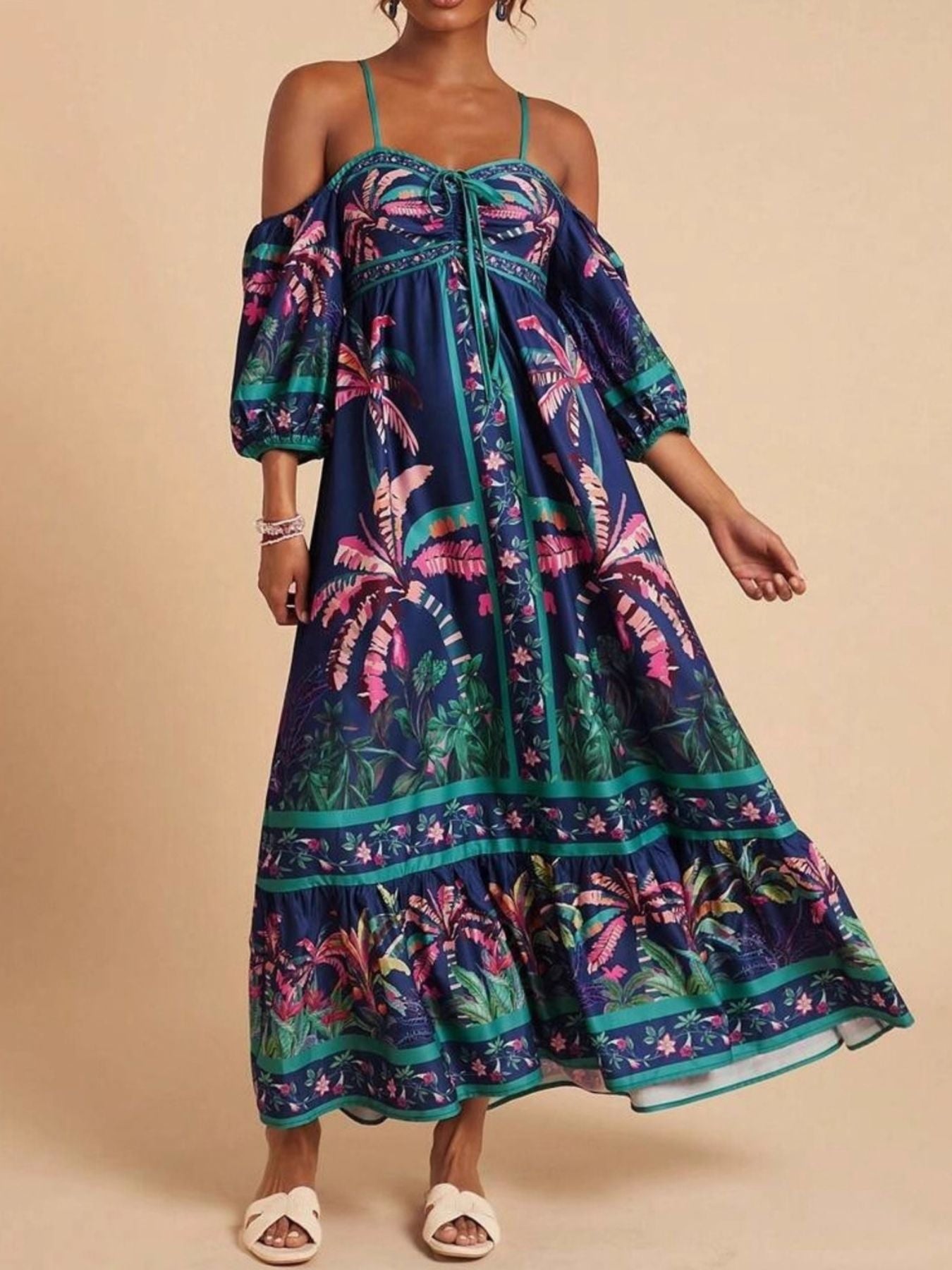 Tropical Print Spaghetti Strap Maxi Dress