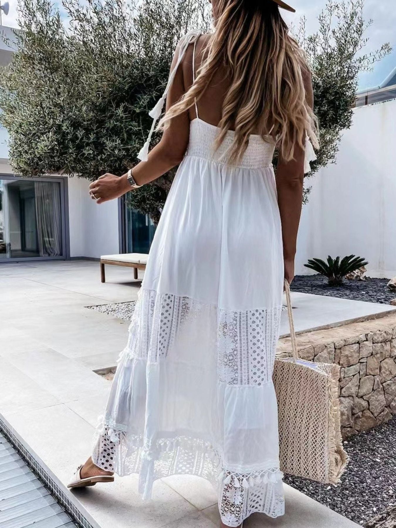 Full Size Bohemian Crochet Trimmed Cami Dress with Tassel Trim Plus Size
