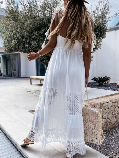 Full Size Bohemian Crochet Trimmed Cami Dress with Tassel Trim Plus Size
