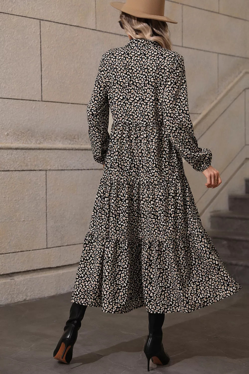 Leopard Notched Balloon Sleeve Dress