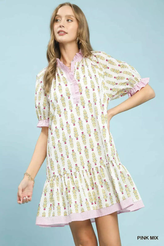 Umgee Striped Trim Floral Tiered Mini Dress