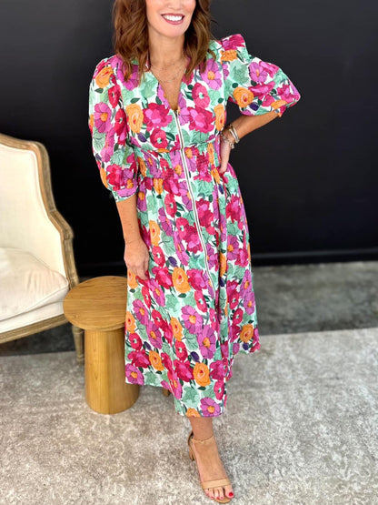Vibrant Floral Print V Neck Zip Up Puffy Half Sleeve Dress