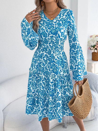 Floral Print Smocked Ruffle Hem Flared Sleeve Dress