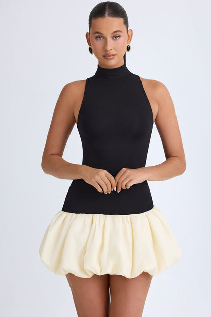 Modal Turtleneck Drop-Waist Bubble Hem Mini Dress in Black