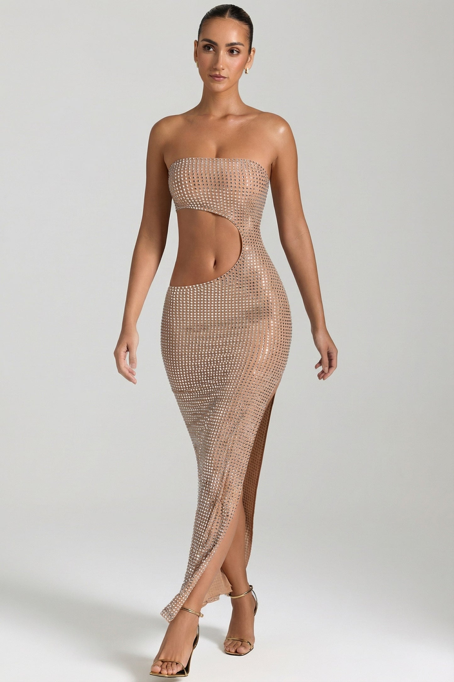 Embellished Cut-Out Bandeau Maxi Dress in Honey
