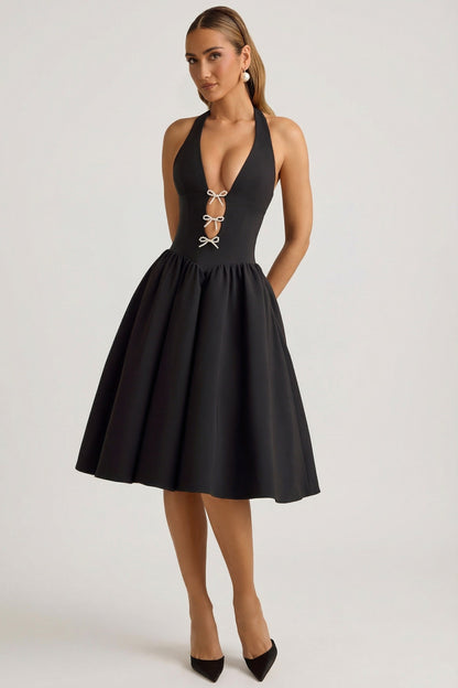 Halterneck Bow-Detail Midi Dress in Black