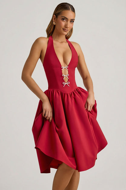 Halterneck Bow-Detail Midi Dress in True Red