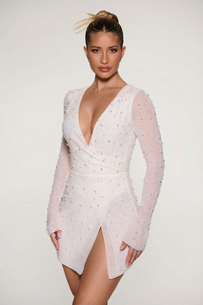 Embellished Wrap Over A-Line Mini Dress in Ivory