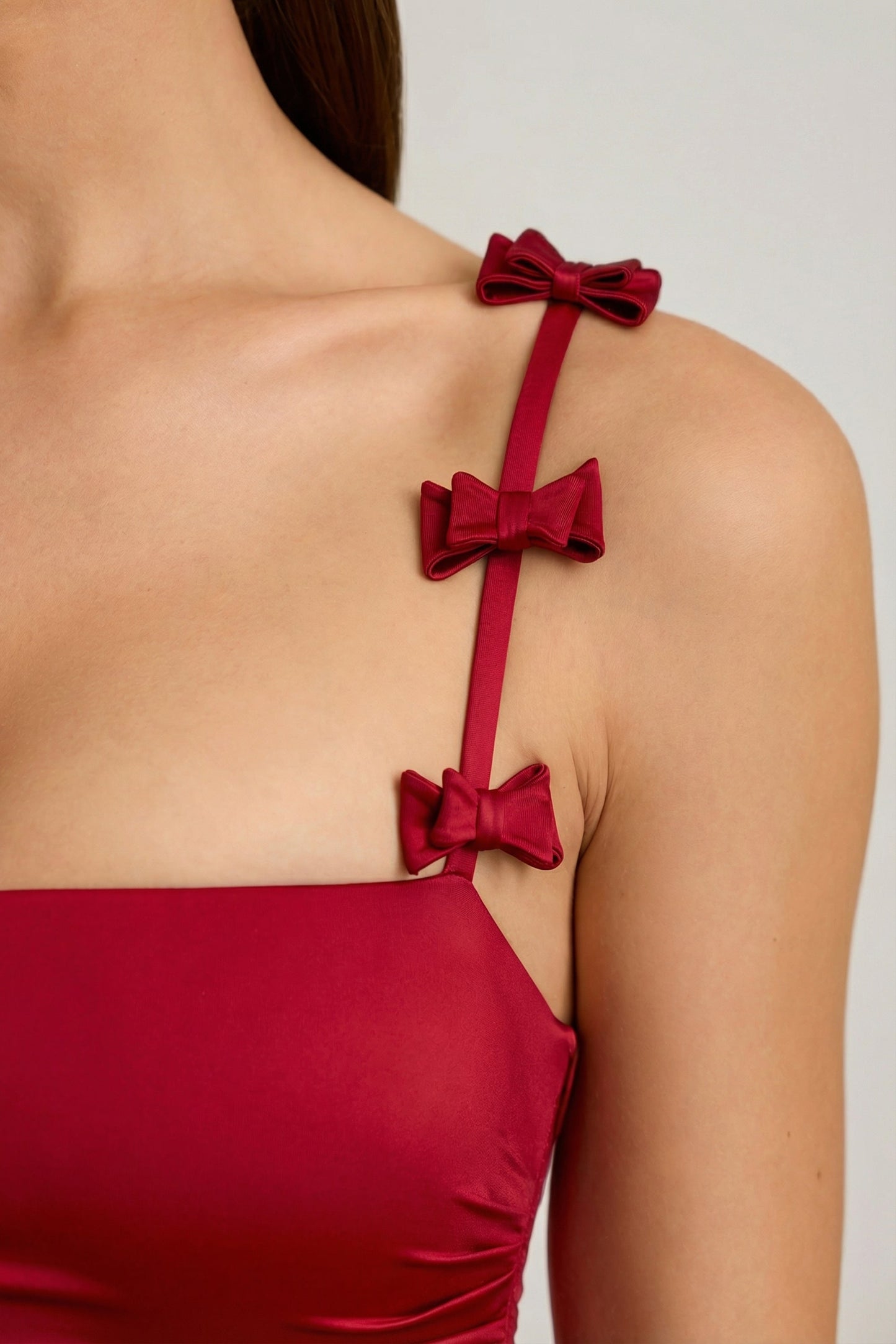 Bow-Detail Ruched Bubble Hem Mini Dress in True Red