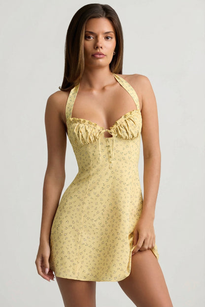 Halterneck A-Line Mini Dress in Yellow Flower Print
